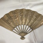 Chinese Metal Folding Hand Fan Brass Tone Embossed Crane & Bamboo Design — photo 2