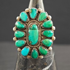 Native American Green Turquoise Cluster Sterling Silver Ring Size 10.5