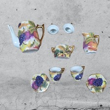 Vintage Miniature Orchard Fruit 9pc Porcelain Tea Set - Gilded Accents