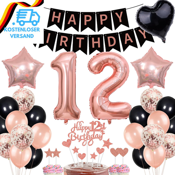 Deko 12. Geburtstag MäDchen Rosegold Schwarz Deko Set Tortendeko 12 Geburtstag M-image