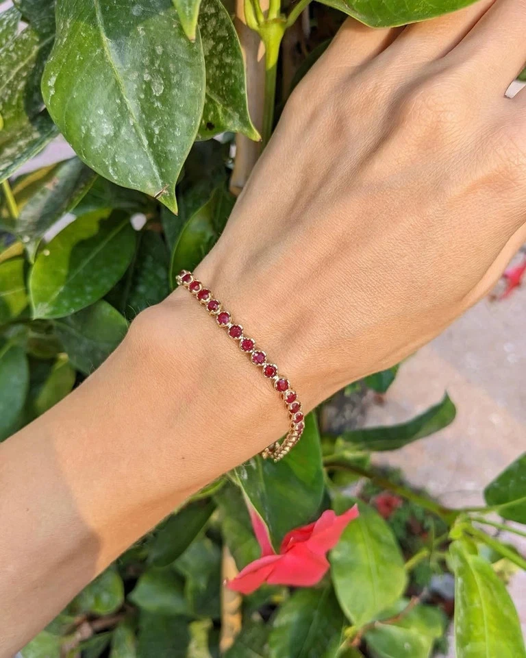 5.58 Ct Round Cut Natural Red Ruby Link Tennis Bracelet 14K Solid Yellow Gold - Image 3 of 4