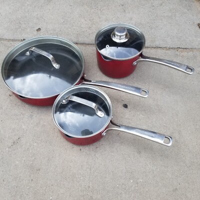 Set of 3x KitchenAid Nonstick Induction 1.5 2 & 3 QT Frying Pan Pots Lids Red