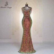 Tassel Beaded Evening Dress Women V Neck Sequins Zipper Back Long Party Gown
