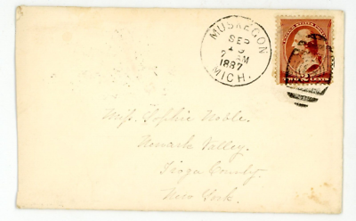 #ad 1887 Envelope Red Brown 2C Stamp Sophie Noble Newark Valley NY % Muskegon MI $11.99