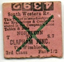 L & S W Railway Ticket Clapham Junc. to Norbiton (rtn half)