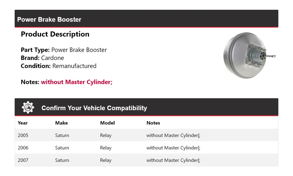适用于 2005 - 2007 年土星继电器动力制动增强器 Cardone 2006 — 第 2/4 张图片