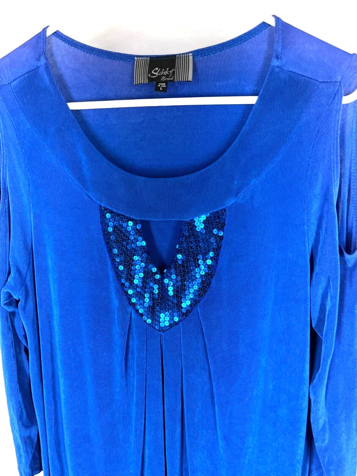 SLINKY BRAND Talla Grande Hombro Frío Top Azul Elástico Hecho en EE. UU. Lentejuelas Foto 2 de 4
