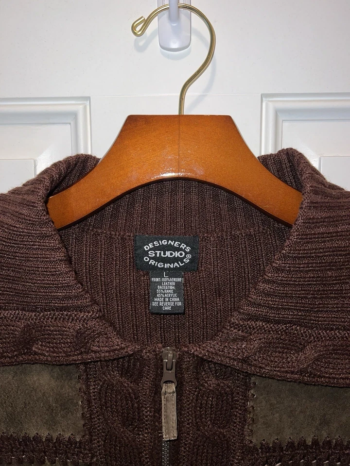 Diseñadores Originales Mujeres Tejido Ramie Cuero Genuino Cremallera Marrón Suéter Chaleco L Foto 3 de 4