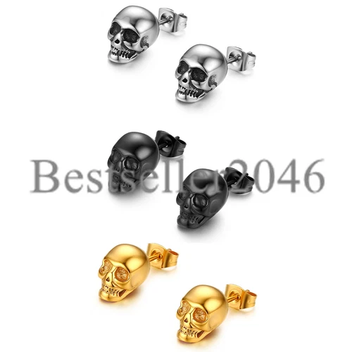 2pcs 18G Punk Mens Stainless Steel Stud Skull Earrings Gothic Rock Ear Piercing