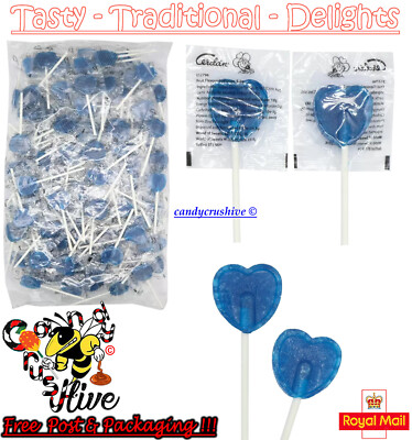 10 - 100 Blue Raspberry Heart Shaped Lollies Valentines Party Bag Fillers Weddin