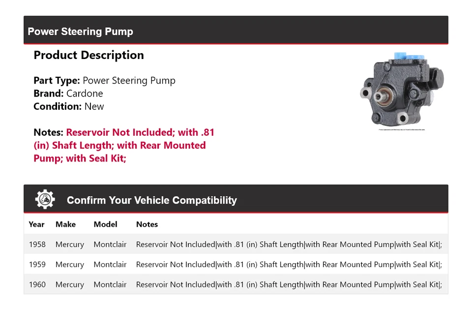 Bomba de dirección asistida Cardone 1959 1959 Mercury Montclair 1958-1960 Foto 2 de 4