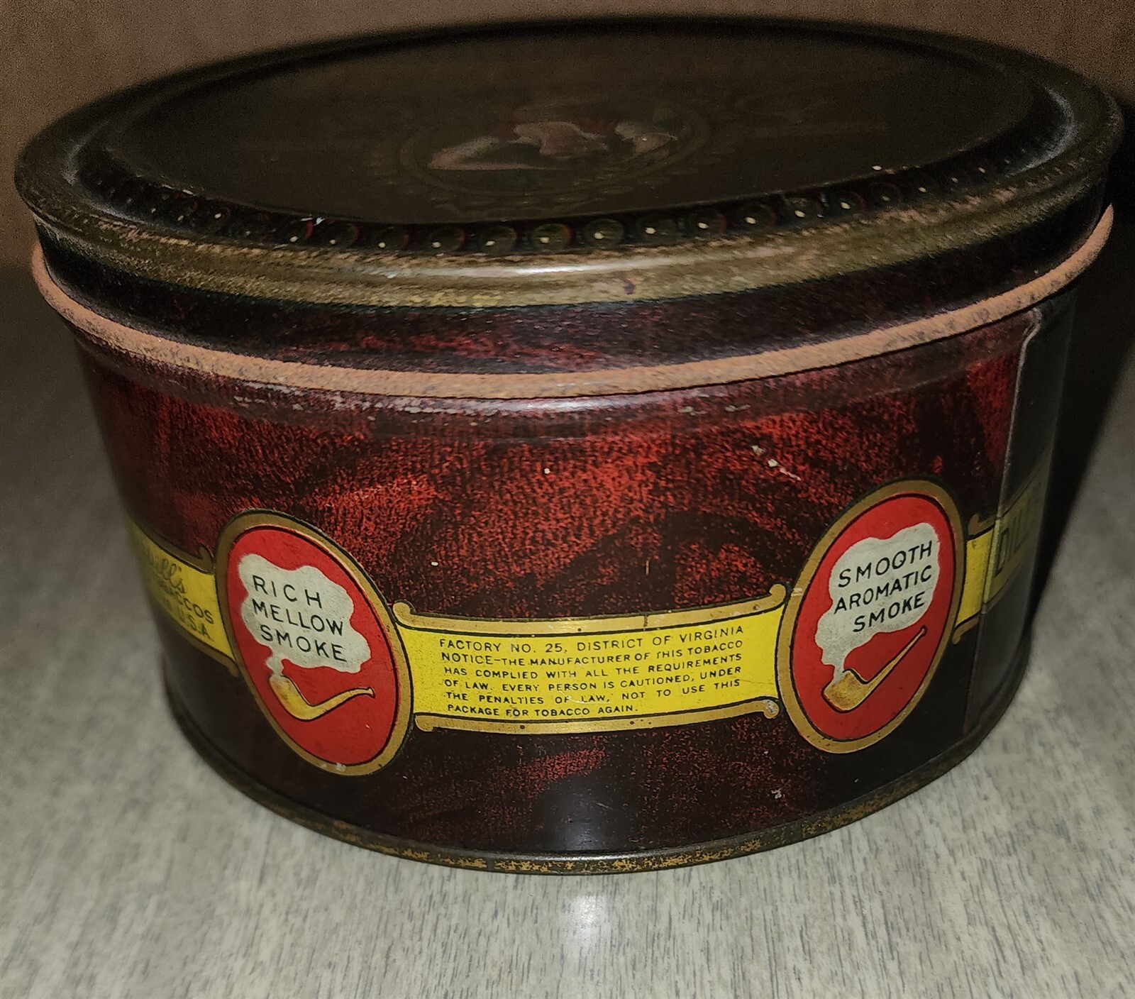 OLD EMPTY & ROUND DILL'S BEST TOBACCO TIN RUBBED CUBE CUT RICHMOND 5" X