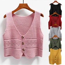 Women Knitted Cardigan Waistcoat Top Sleeveless Button Sweater Knitted Vest