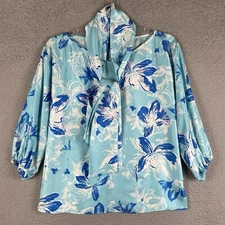 Carlisle Silk Blouse Womens Size 2 Blue Floral With Scarf V Neck Classy Chic