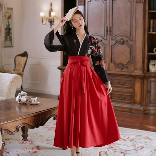 Kimono japanisches traditionelles Kleid Set Damen Geisha Blattmuster Shirts Feenrock - Bild 3 von 15