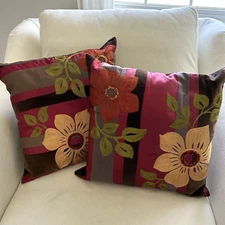 Pier 1 Imports Throw Pillows Set of 2 Embroidered Floral 16" x 16" Cottage Boho