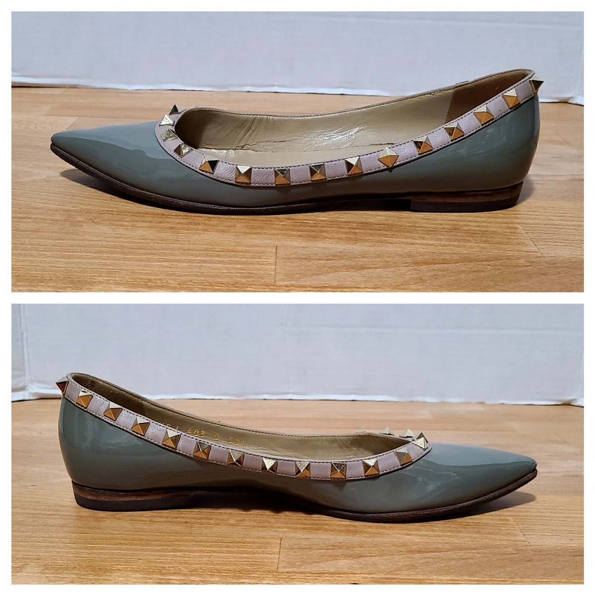 Valentino Beige/Green Patent Leather Rockstud Ballet Flats Size