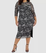 Anne Klein Women's Black Printed Ruched Side-Slit Midi Dress Plus Size 0X