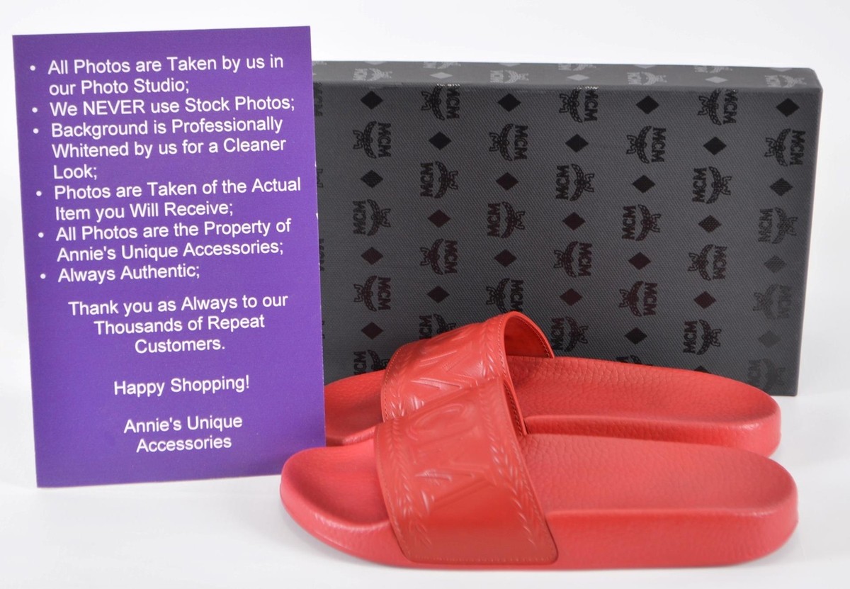 MCM Vibrant Red Slides MCM Logo-Embossed Laurel Leaves Pool Slide Sandals | Saks  main image 3
