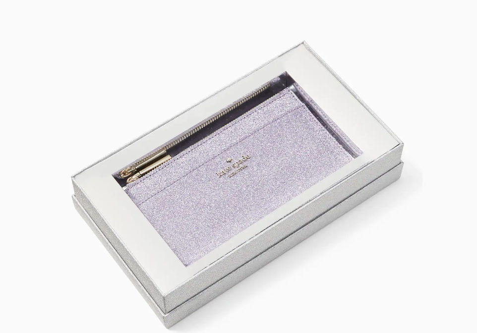 Kate Spade Tinsel Large Slim Card Holder GLITTER Zip Wallet Lilac Gift