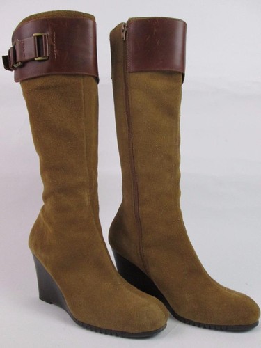 TAN SUEDE TALL KNEE HIGH WEDGE BOOTS 