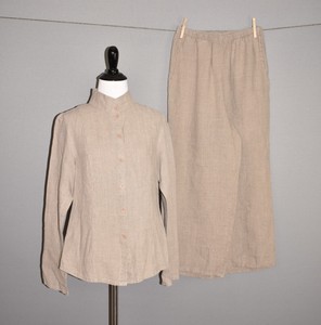FLAX-164-Brown-Linen-2-Piece-Matching-Blouse-Pant-Set-Elastic-Waist-Petite