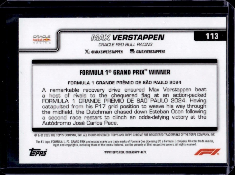 2025 Topps Chrome F1 Max Verstappen Teal Refractor Grand Prix Winners #/299 view 2