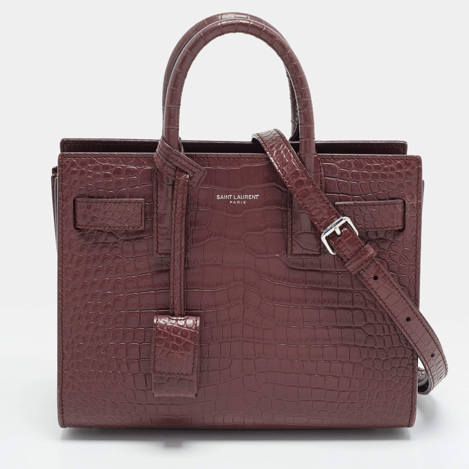 Saint Laurent Sac De Jour Nano Purple Croc Embossed Leather Tote