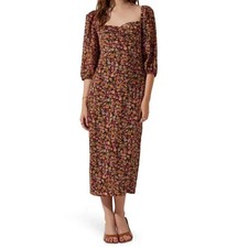 ASTR the Label Floral Cinched Bodice Puff Sleeve Midi Dress Brown Size Small