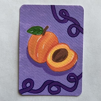 ACEO Original Painting Pop Peach Mini Art OOAK ATC Acrylic Food Fruit Ribbon Pit
