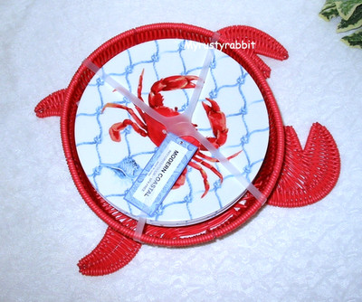 Red CRAB Basket & 4 Melamine Plates Resin Wicker - Indoor/Outdoor Coastal