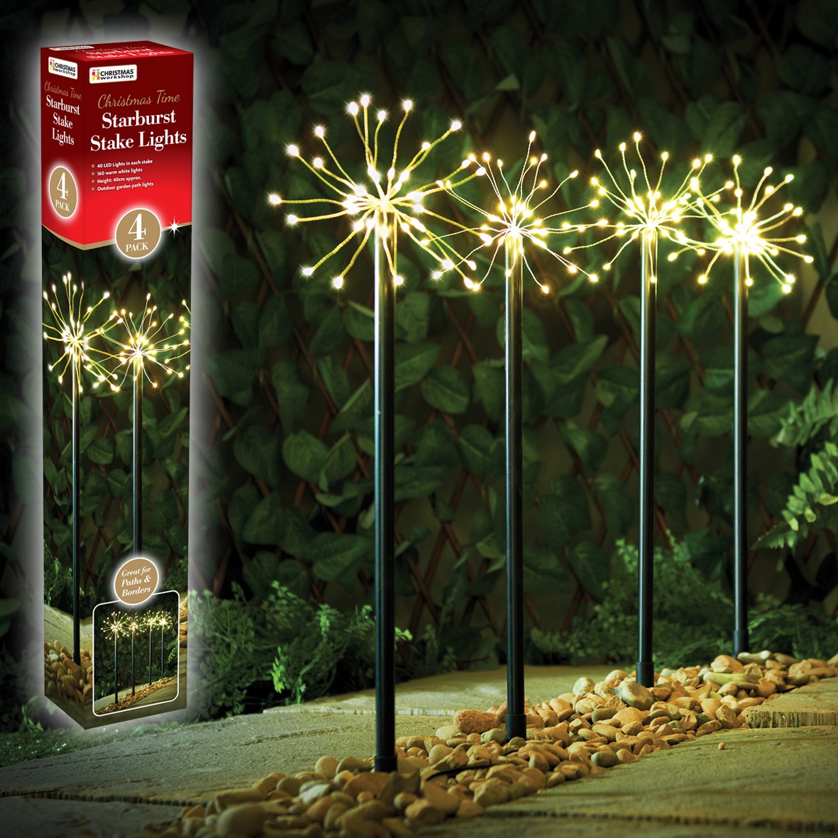 Starburst Path Stake Lights Warm White Outdoor Garden Christmas Xmas 50cm 4Pc