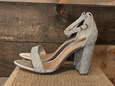 STEVE MADDEN Women's Silver Heels Rhinestone Tiaa Two-Piece Sandals SZ 10