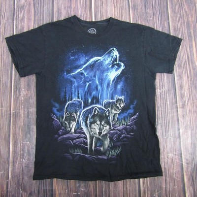 Wolf Pack Howling Night Sky Shirt Mens Medium Black Moon Wolves Graphic Tee