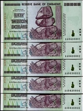 10 x 2008 50 TRILLION DOLLARS ZIMBABWE BANKNOTE, AA P-90 GEM UNC