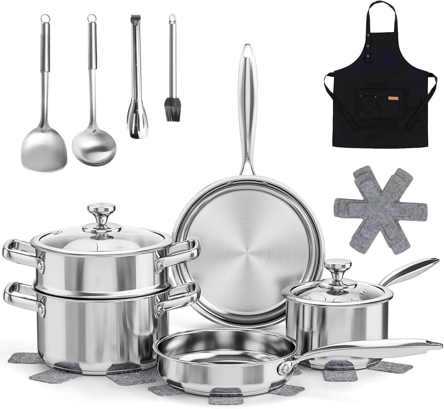16-Piece Stainless Steel Saucepan Set, Induction Pots and Pans Set 16 Pieces