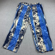 Vintage Jams World Pants Womens Large Blue Wide Leg Floral Hawaiian Tropical Usa