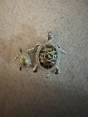 Napier Mother Baby Turtle Brooch Abalone Rhinestone Silver Tone Signed