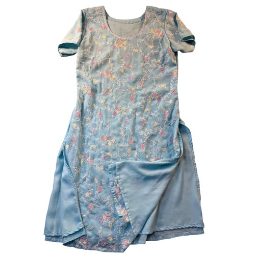 Vintage Light Blue Floral Embroidered Dress  Short Sleeve Beaded Asian Indian
