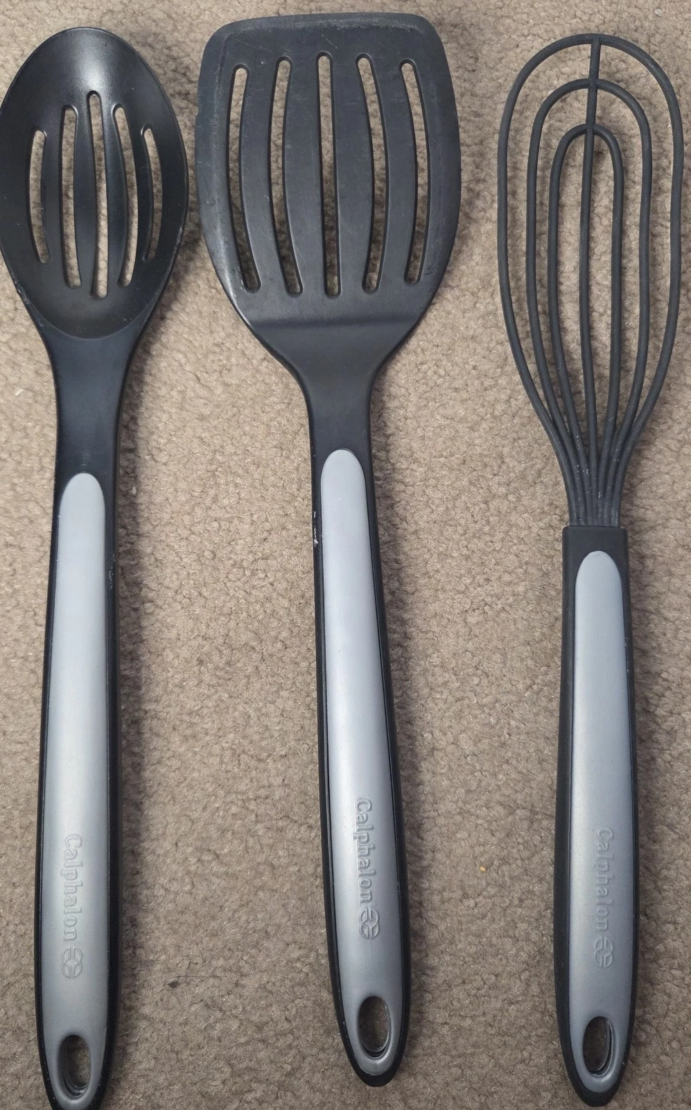 Calphalon Nylon Slotted Spoon, Spatula/Turner, Whisk Black & Gray Some Marring