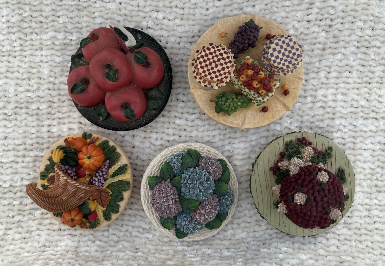 Lot of 5 Vtg Candle Toppers - Jelly, Topiary, Hyacinth, Cornucopia, Apples