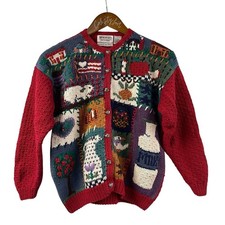 No So Ugly Christmas Sweater VTG Northern Isles Cardigan Milk Barn Flag Apple 16