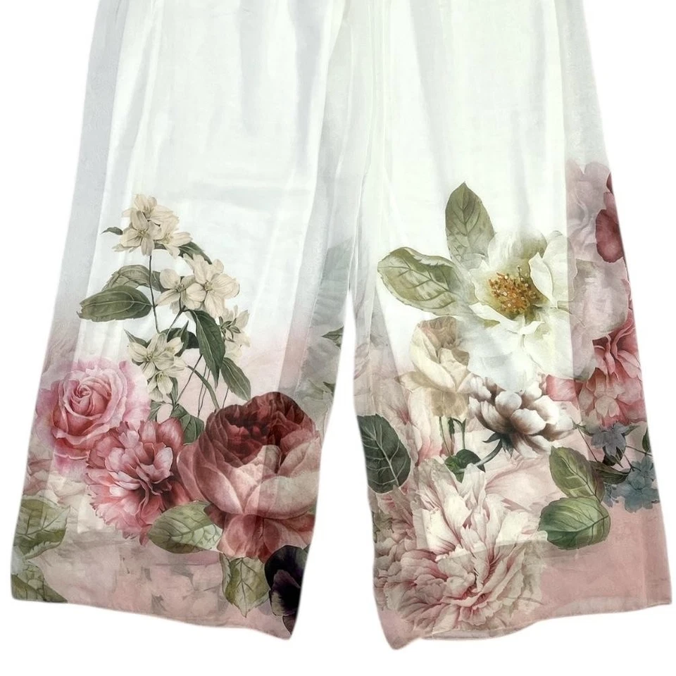 Moda Seta Italy Pants Womens Medium Pink Floral Wide Leg Palazzo Silk Blend - Image 2 of 4