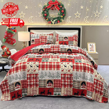 King Size Reversible Christmas Quilt Set with Tree, Snowflake Reindeer
