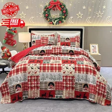 King Size Reversible Christmas Quilt Set with Tree, Snowflake & Reindeer