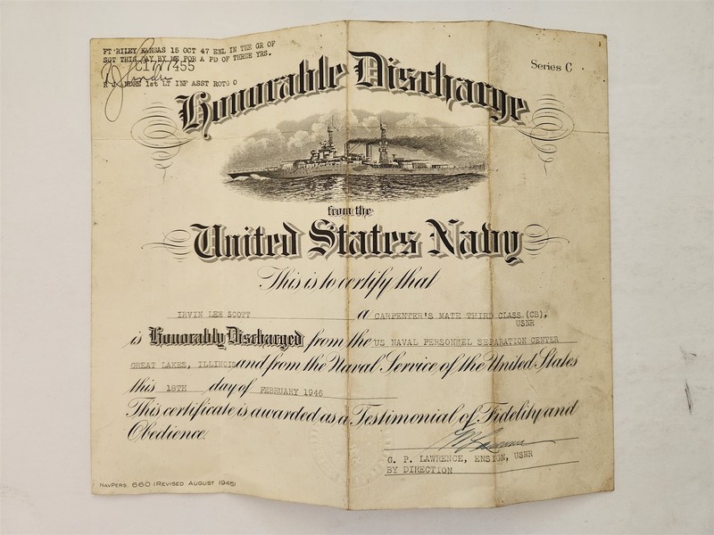 1946 vintage WWII NAVY HONORABLE DISCHARGE florence kansas IRVIN LEE SCOTT usn