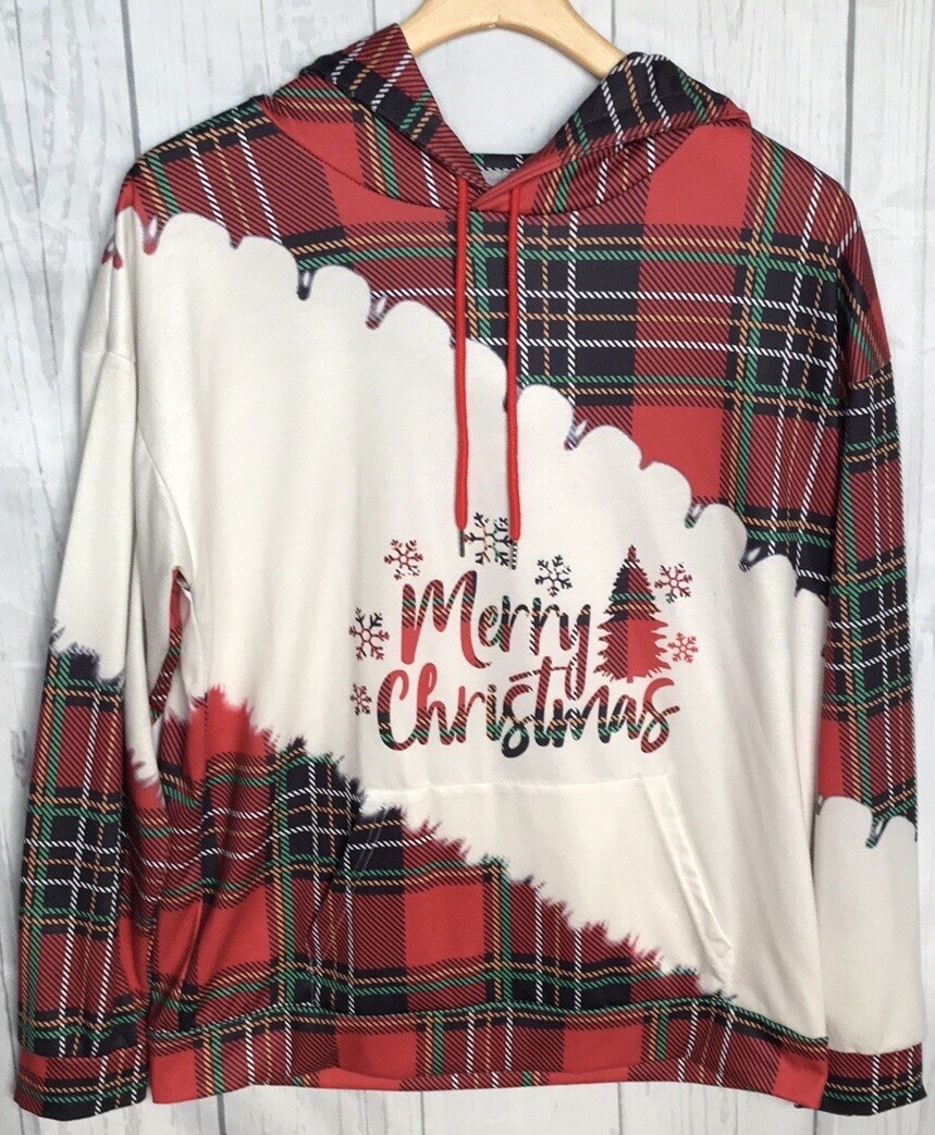 MERRY CHRISTMAS/TREE/PLAID Pullover Sweatshirt Hoodie WOMEN'S L - PERFECT COND!