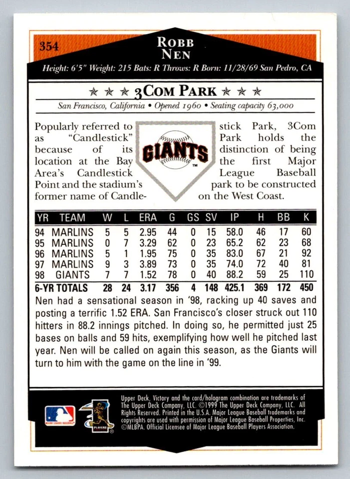 1999 Upper Deck Victory # 354 - Robb Nen - San Francisco Giants - Image 2 of 2