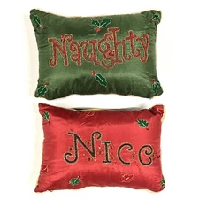 Pier 1 Christmas Pillow Naughty Nice Double Sided Beaded Sequins Embroidered SET