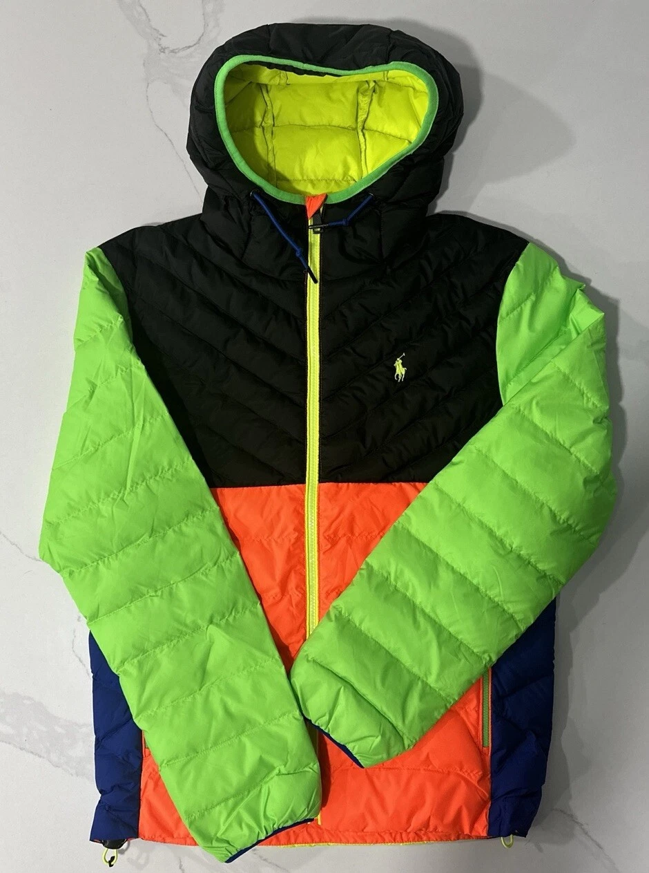 Polo Ralph Lauren Performance Puffer imperméable néon homme veste à capuche taille XS